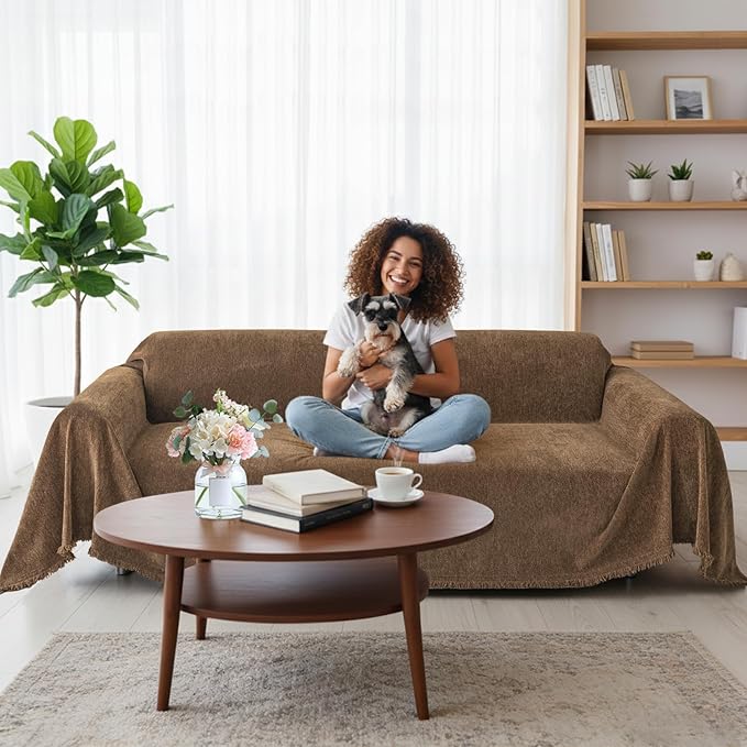 Smiry Couch Cover for Dogs, Washable Chenille Sofa Covers for 3 Cushion Couch, Soft Sofa Slipcover for Pets, Thick Sectional Furniture Protector with Tassels (Chocolate, 88.5x150 Inch)
