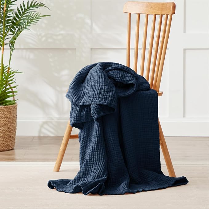 100% Cotton Muslin Blanket Large 50" x 70", 6 Layers Breathable and Lightweight Navy Throw Blanket for Bed and Couch, Soft Quilt Bedspread, Gauze Blanket for Adults All Season, Navy, Dark Blue