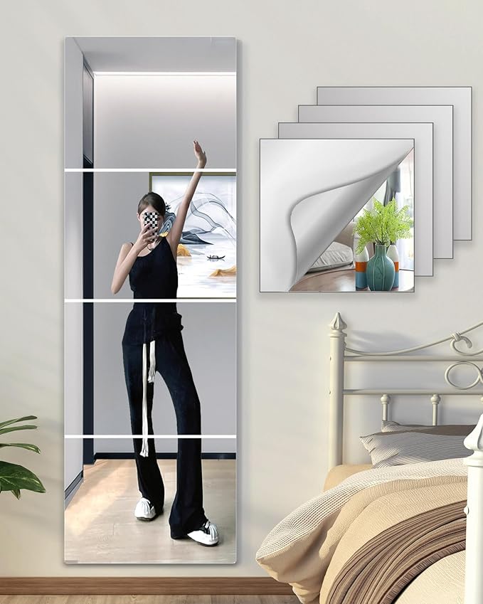 Shatterproof Wall Mirror Full Length for Bedroom, Acrylic Gym Mirrors For Home, Extra Thick : 0.12 Inch, 14 x 12 Inches x 4 PCS, Workout Mirrors Safe for Kids, Over The Door, Long Wall Mounted Mirror