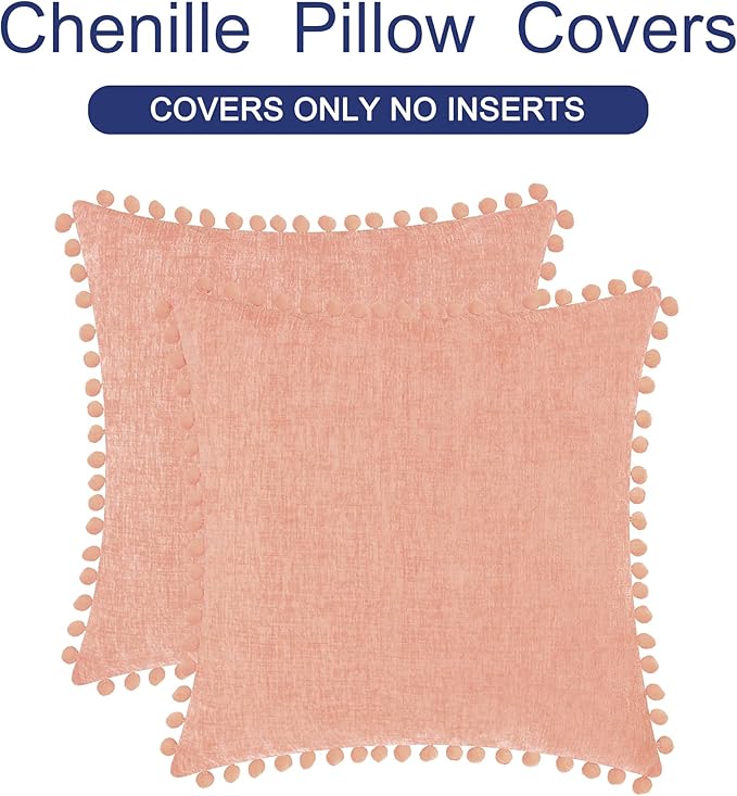 CaliTime Throw Pillow Covers Decorative 20 X 20 Inches Pack of 2 Cozy Solid Dyed Soft Chenille Cushion Cases with Pom Poms for Couch Sofa Bed Living Room Home Dusty Pink