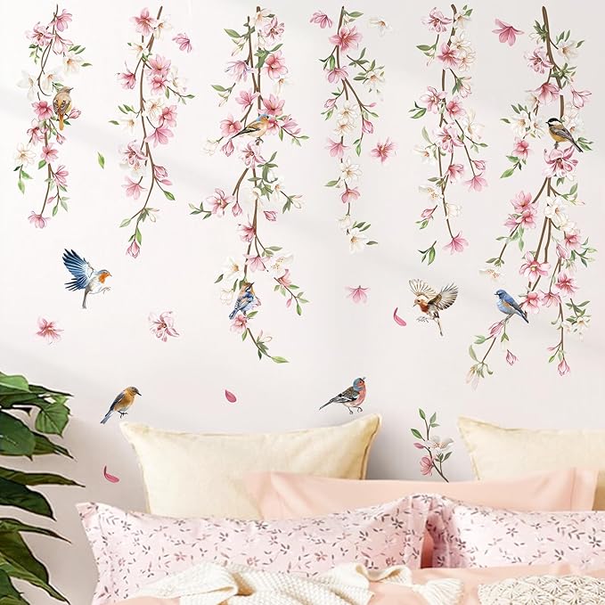decalmile Hanging Flower Vine Wall Decals Pink Floral Leaves Birds Wall Stickers Bedroom Living Room Sofa TV Background Wall Decor