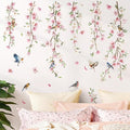 decalmile Hanging Flower Vine Wall Decals Pink Floral Leaves Birds Wall Stickers Bedroom Living Room Sofa TV Background Wall Decor