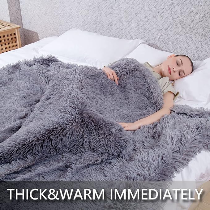 YUSOKI Long Faux Fur Throw Blanket for Sofa Couch,2 Layers,2.1lb,All Ages,Home Decoration, (Grey,50" x 60")