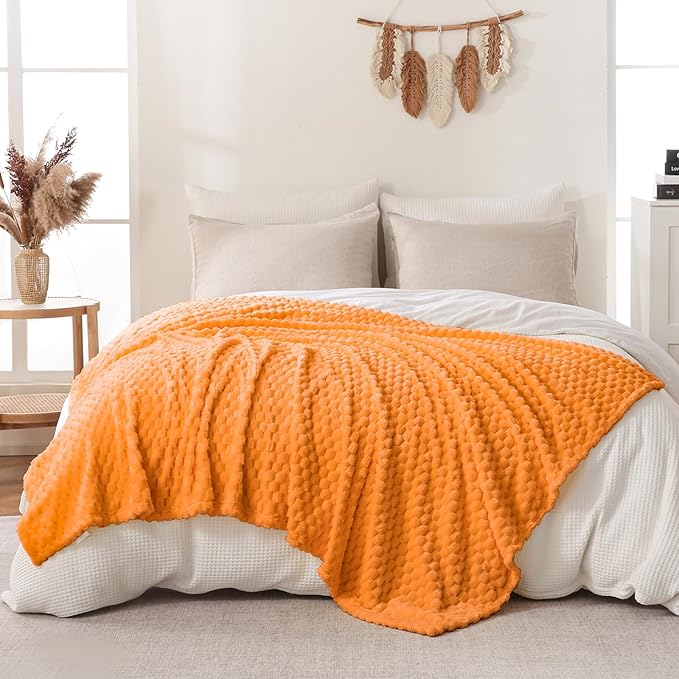 Bnuitland Soft Flannel Throw Blanket(50X40 inches), 3D Jacquard Fluffy Lightweight Fleece Throw Blanket for Babys and Pets,300 GSM Cozy Warm Bed Sofa Fleece Blanket for All Seasons,Light Orange