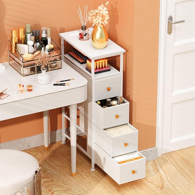 Narrow Bedside Table with USB Port, 4 Drawers Storage Cabinet, Nightstand with Power Socket, Suitable for Small Space Bedroom, Living Room, White
