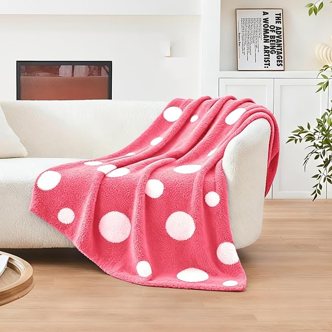 CozeCube Super Soft Fullfy Microfiber Reversible Knitted Blankets, Warm Cozy Fuzzy Plush Throw, Hot Pink and White Polka Dot Throw Blanket for Couch Bed Sofa, 50" x 60"