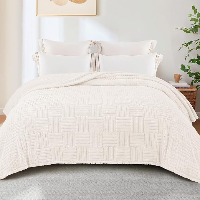 Whale Flotilla Lightweight Fleece Twin Size Blanket for Bed, Fuzzy Soft Blankets with Decorative Jacquard Pattern for All Season, Warm and Fluffy, 60x80 Inch, Ivory