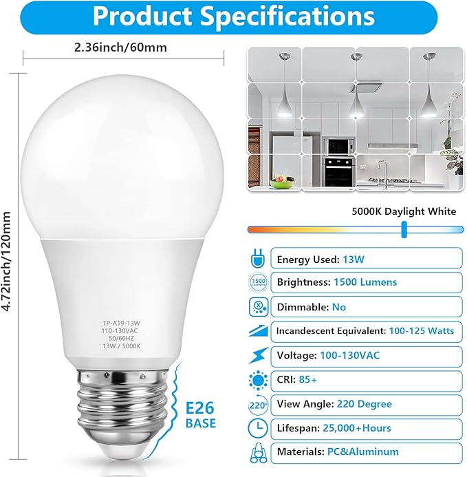 MAXvolador A19 LED Light Bulbs, 100 Watt Equivalent, Daylight White 5000K, 1500LM, E26 Base, Non-Dimmable, 13W Bright White Bulbs, 10-Pack