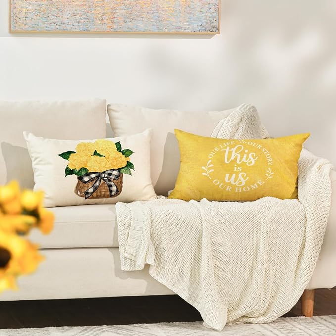 AVOIN colorlife Yellow Hydrangea Summer Throw Pillow Covers, 12 x 20 Inch Today is A Good Day Dark Yellow Cushion Case Decoration for Sofa Couch Set of 4