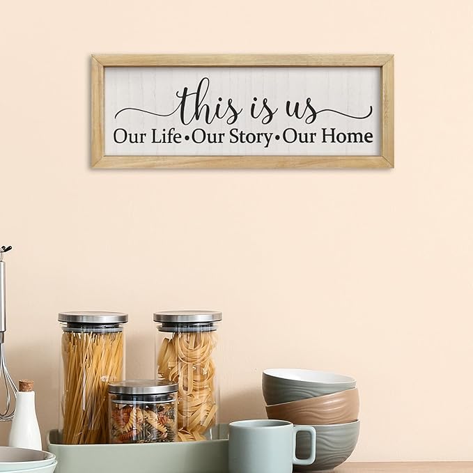 comurdyo Minimalist Family Quote This Is Us Sign Wall Art 16×6 Inch Our Life Story Home Plaque for Entryway Bedroom Home office Small Vintage Framed Rustic Wooden Hanging Wall Decor (Wood)