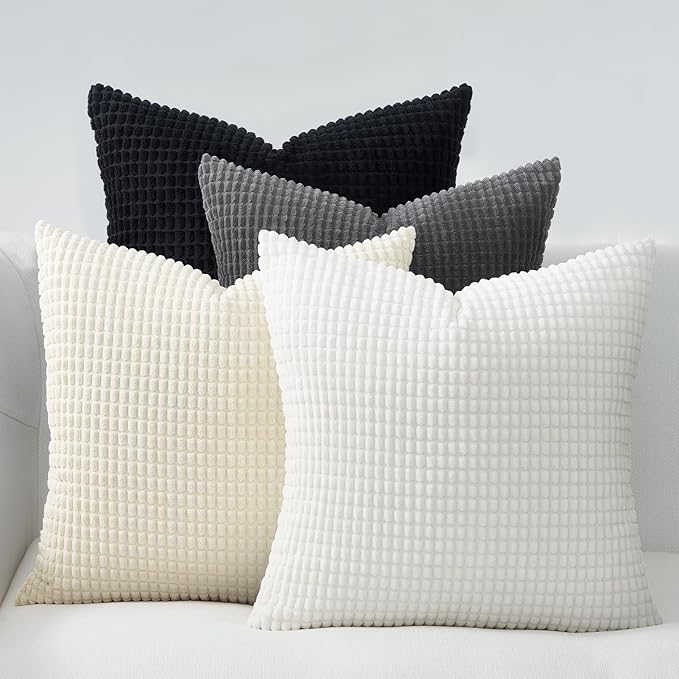 Topfinel 4 Packs Black and White Decorative Throw Pillow Covers 24x24 Inch for Living Room Couch Bed Sofa, Boho Western Farmhouse Home Decor, Square Soft Moss Corduroy Fall Cushion Case 60x60 cm