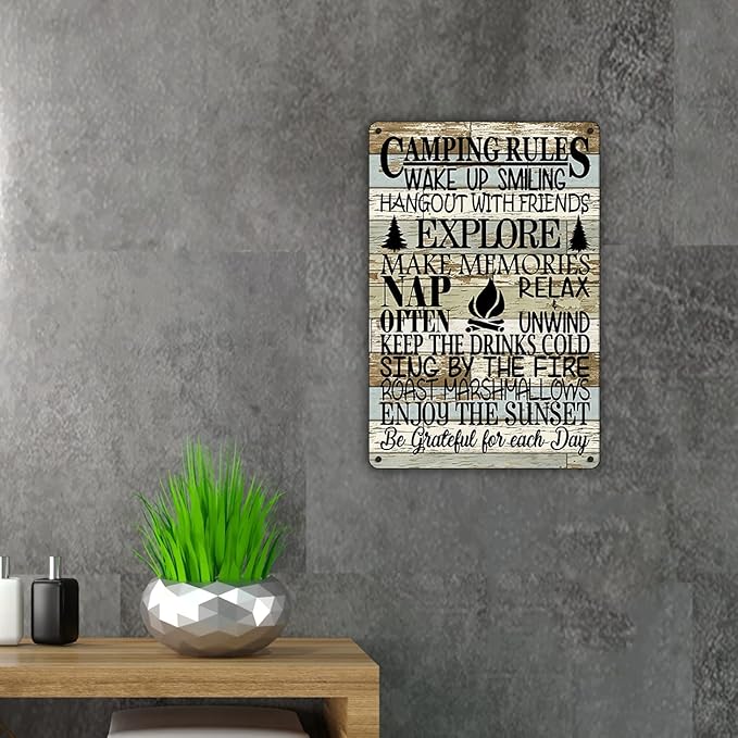 QIONGQI Funny Camping Rules Metal Tin Sign Wall Decor Farmhouse Rustic Camping Signs with Sayings for Home Camper Room Decor Gifts