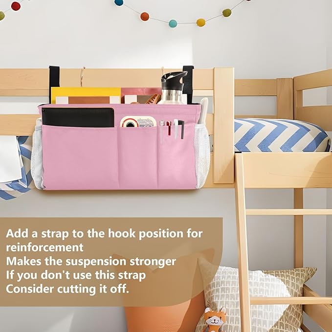 DOMIKING Pink Bedside Caddy for Dorm Bed Recliner Armrest Organizer with Hooks Haning Holders for Magazine Tablet Phone
