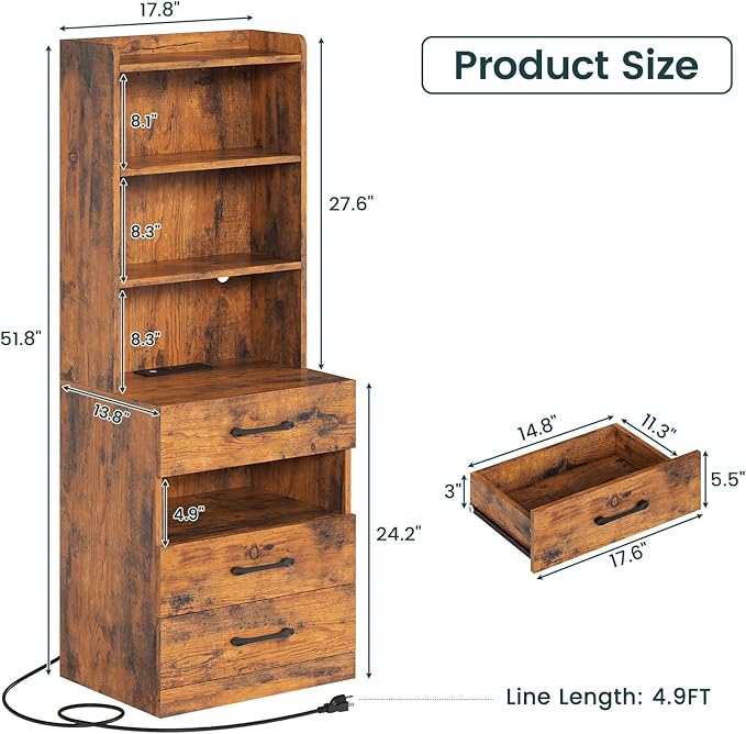 AOGLLATI Tall Nightstand with Charging Station and LED Lights, Night Stand with 3 Drawers, Rustic Brown Bedside Table with Bookshelf, Modern End Side Table for Bedroom