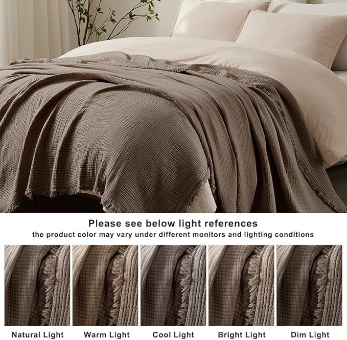 WDCOZY Muslin Throw Blanket 100% Cotton Blankets 4-Layer Breathable Lightweight Soft for Couch Boho Farmhouse Linen Tassels Ruffle Gauze Blankets 50x60 Inches Brown Mocha Chocolate Coffee Taupe