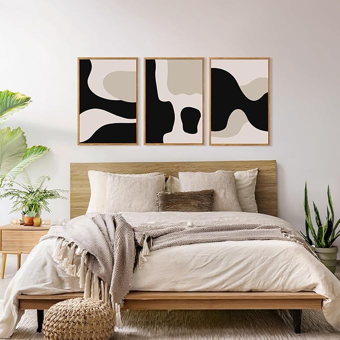 CHDITB Abstract Modern Framed Canvas Wall Art Set Of 3, Minimalist Wall Decor, Contemporary Artwork Prints, Neutral Black And Beige Abstract Line Paintings for Living Room Bedroom Decor (12X16 Inch)