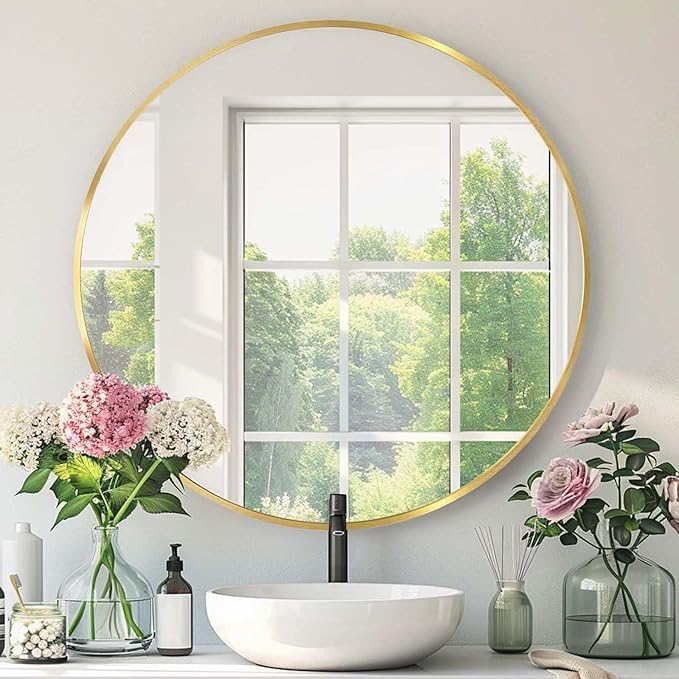 Gold Round Mirror, 24 Inch Gold Circle Mirror, Metal Frame Round Wall Mounted Mirrors for Bathroom, Living Room, Bedroom, Entryway, Vanity, Golden, Brass