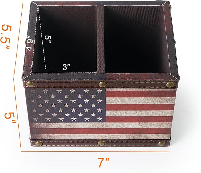 DreamsEden Wooden Remote Control Holder, Leather TV Caddy for Table, Decorative American Flag Organizer Storage Box for Home Office