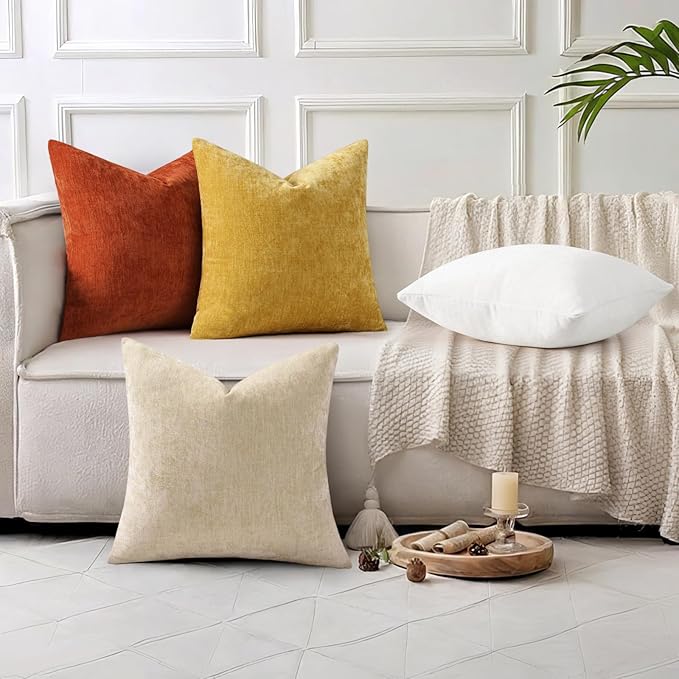 decorUhome Chenille Beige Throw Pillow Covers 12x20 Inch Set of 2, Decorative Soft Couch Pillow Covers Solid Dyed Accent Farmhouse Neutral Rectangle Pillow Cases for Sofa