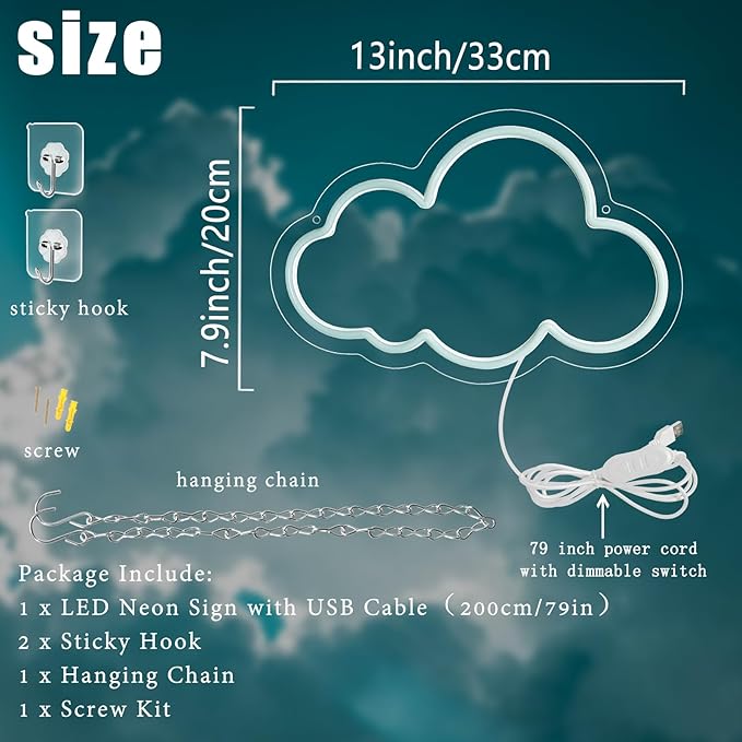 Cloud Neon Sign Cute Blue Clouds LED Light Sign for Wall,13 * 7.9in Dimmable USB Floating Clouds Light Up Sign for Living Room Kid Bedroom Nursery Birthday Christmas Wedding Party decor