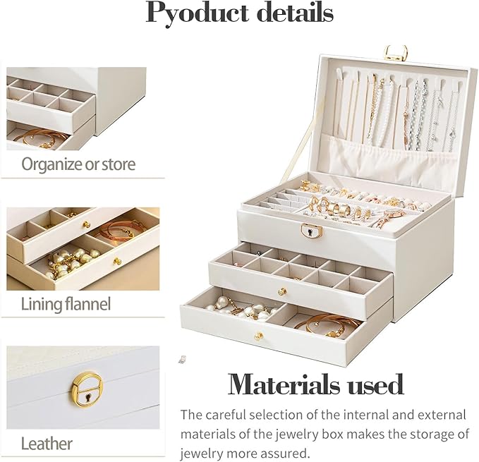 3 Layer Jewelry Box Organizer with Drawers, Lockable PU Leather Jewelry Storage Case for valentine gifts Necklace Earring Ring Bracelet Watch, White