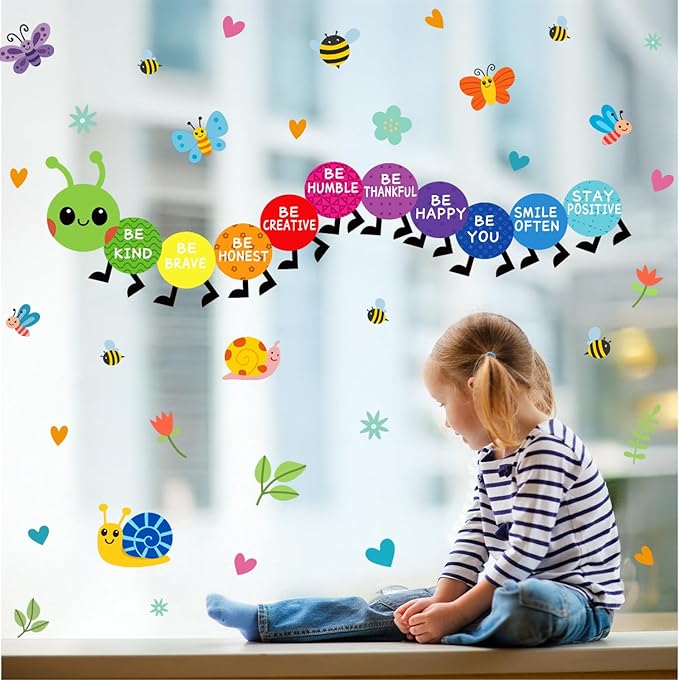 HLNIUC Colorful Kids Playroom Wall Decals Removable Inspirational Wall Stickers Cute Caterpillar Nursery Walls Decal Be Kind Be Happy Quotes Art Murals Decal for Girls Boys Bedroom Daycare Decor