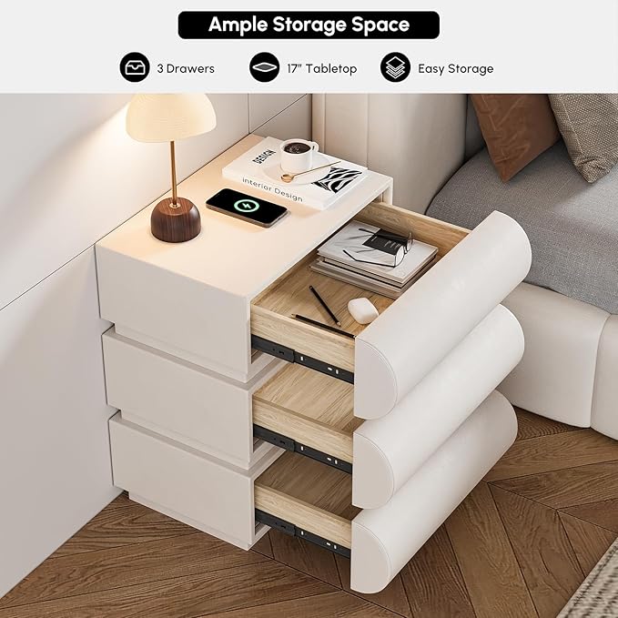 homary 3-Drawer Smart Nightstands Set of 2 with Wireless Charging Station, USB & Type-C Ports, Faux Leather White Night Stands Modern Bedside Tables for Bedroom Storage, Fully Assembled