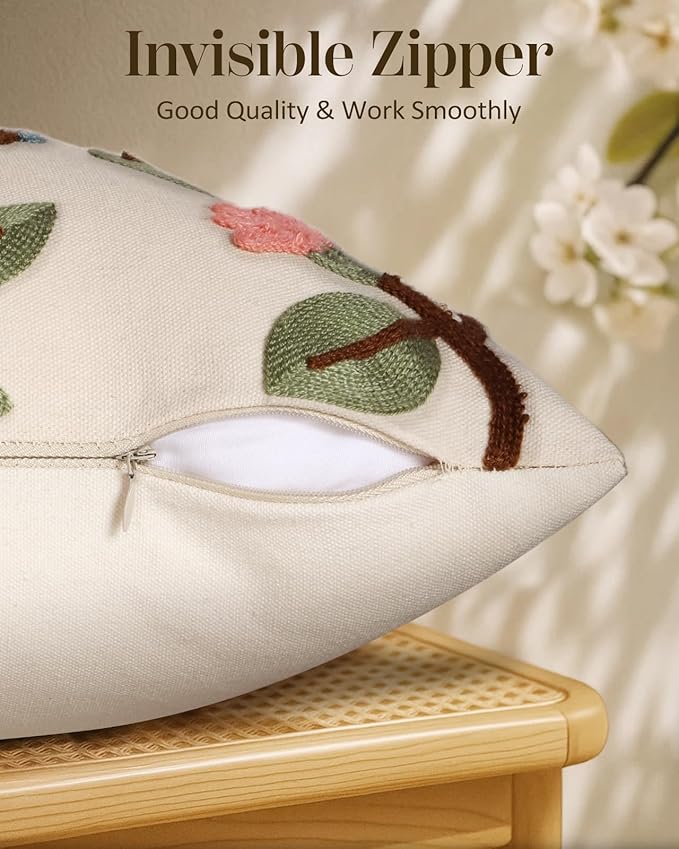 Embroidered Throw Pillow Cover 20x20 Inch - Spring Summer Boho Decorative Pillow Cover with Zipper for Living Room Couch Sofa Bed Aesthetic Design Bird Lemon Cushion Pillowcase