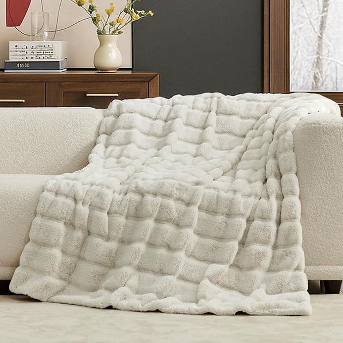 Cozy Bliss Deluxe Sheared Rabbit Faux Fur Throw Blanket, Soft Fuzzy High-Low Sculpted Plush Blanket for Couch, Cozy Home Accent, All Season Use, Beige 60"x80"
