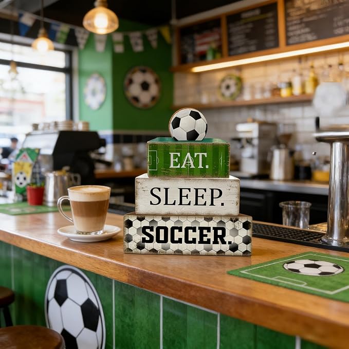 4 Pcs Soccer Table Decorations Wooden Tabletop Tiered Tray Decor Rustic Soccer Wood Block Sign Gift Table Centerpiece for Birthday Party Home Teens Room Desktop Shelf
