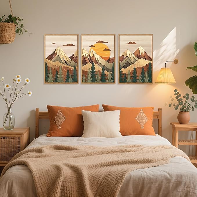 CHDITB Mountain Landscape Framed Wall Art Set, Neutral forest Wall Decor, Nature Pine Tree Sunset Wall Painting, Large Vintage Wood Mountain Art Prints For Living Room Bedroom Office Decor 12”X16”x3