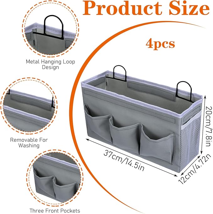 4pcs 3-pockets Wall Hanging Storage Bag, Bedside Caddy Organizer Bags,Bed Caddy Linen Fabric Door,Baskets with Pockets and Fixed Straps Waterproof Bin for Kitchen, Bedroom,Office,Hospital Beds