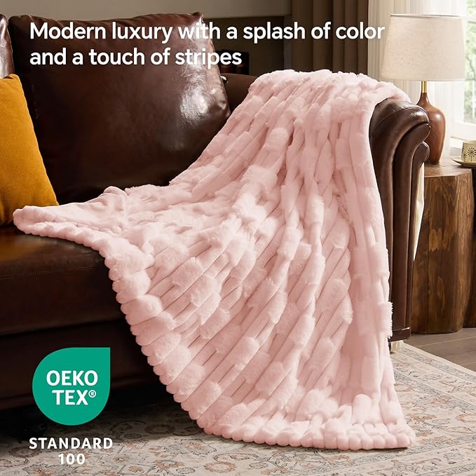 BEDELITE Faux Fur Twin Blanket for Couch - Super Soft & Cozy Plush Striped Blanket for Sofa and Room Decor, Luxury Fluffy All-Season Blankets Gift for Women, Men, Mom, Dad, 60x80 inch, Pink