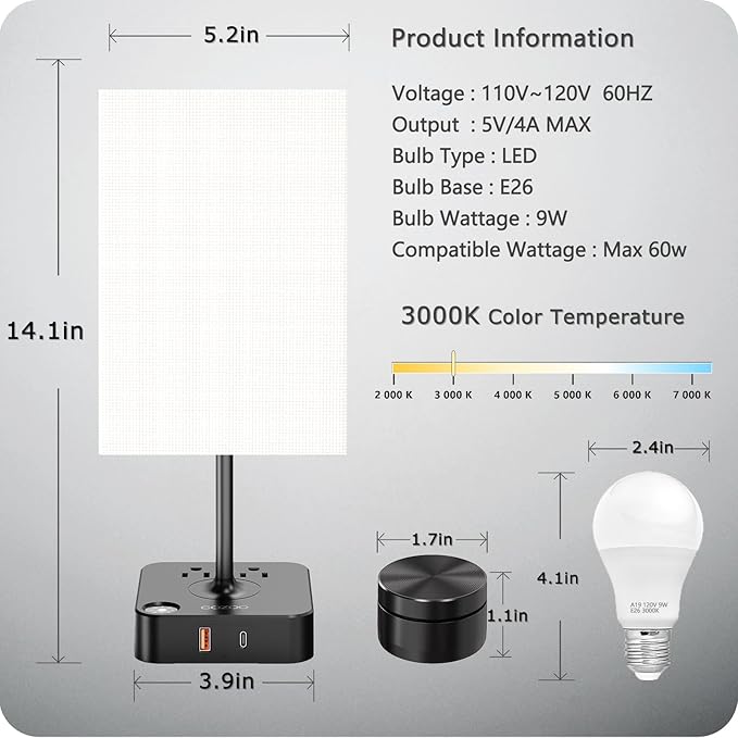 COZOO Bedroom Table Lamp with Remote Operation Control,Dimmable Bedside Table Desk Lamp with USB C+A Charging Ports 2 AC Outlets,Nightstand Lamp White Shade Lamp for Living Room,Dorm,Home Office,Decor