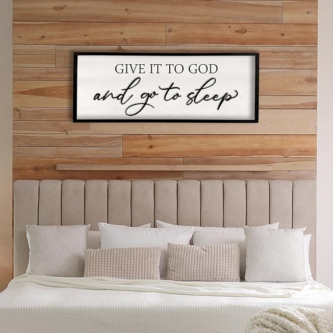 Give it to God and Go to Sleep Sign Wall Decor Wood Frame 32" X 12" Master Bedroom Above Bed Large Minimalistic Rustic Farmhouse Hanging Over Bed Wall Art Guest Room Decoration (Black)