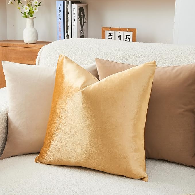 Throw Pillow Covers Gold Set of 2 16x16 Inch Pillow Covers, Soft Velvet Fall Decorative Cases for Couch Sofa Bed, Home Boho Decor, Modern Farmhouse Cushion Covers