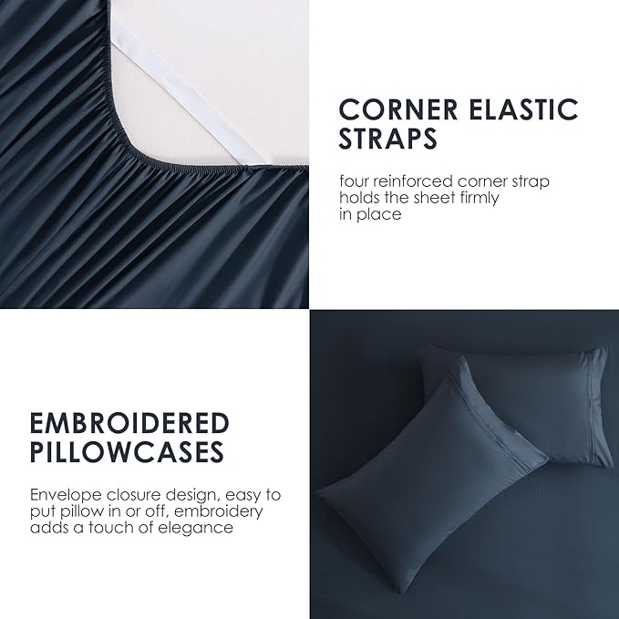 JSD Navy Blue Full Sheet Set with Side Pocket Corner Straps, 4 Piece Soft Microfiber Bed Sheets Extra Deep Pocket