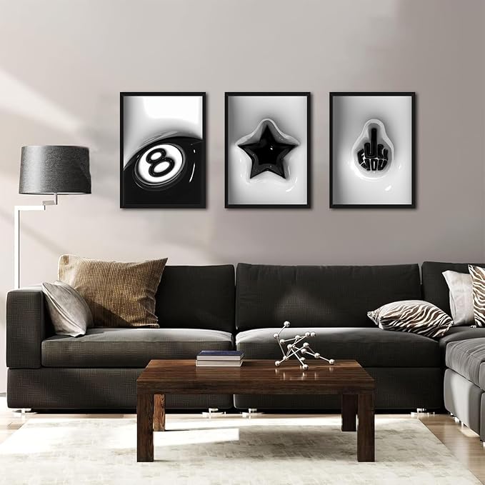 Modern Trendy Wall Art Set of 3, Black and White Lucky 8 Star Wall Decor Paintings Cool Preppy Finger Poster Canvas Prints for Dorm Bedroom Living Room 12x16 inch Framed