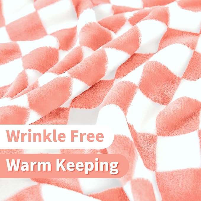 FY FIBER HOUSE Checkered Flannel Fleece Throw Blanket Soft Cozy Checkerboard Grid Print Chessboard Gingham Pattern Blankets for Bed Couch Sofa, 60"x80", Pink
