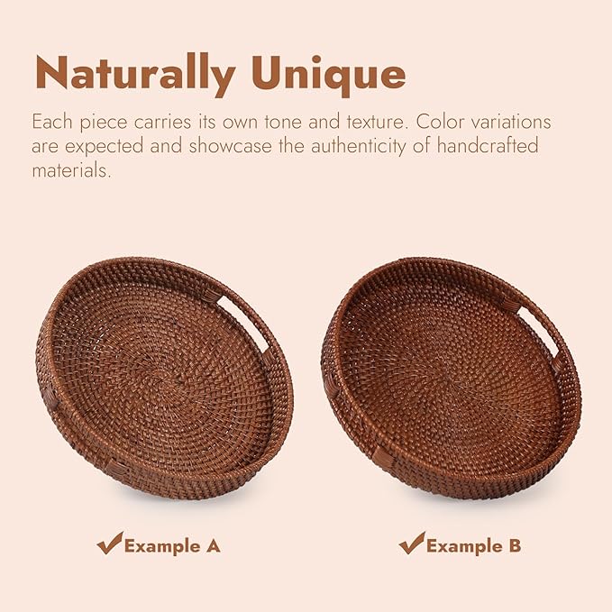 13.8 inch Round Rattan Tray, Decorative Coffee Table Tray, Ottoman Trays, Woven Serving Trays with Handles Wicker Serving Basket, Reddish-Brown