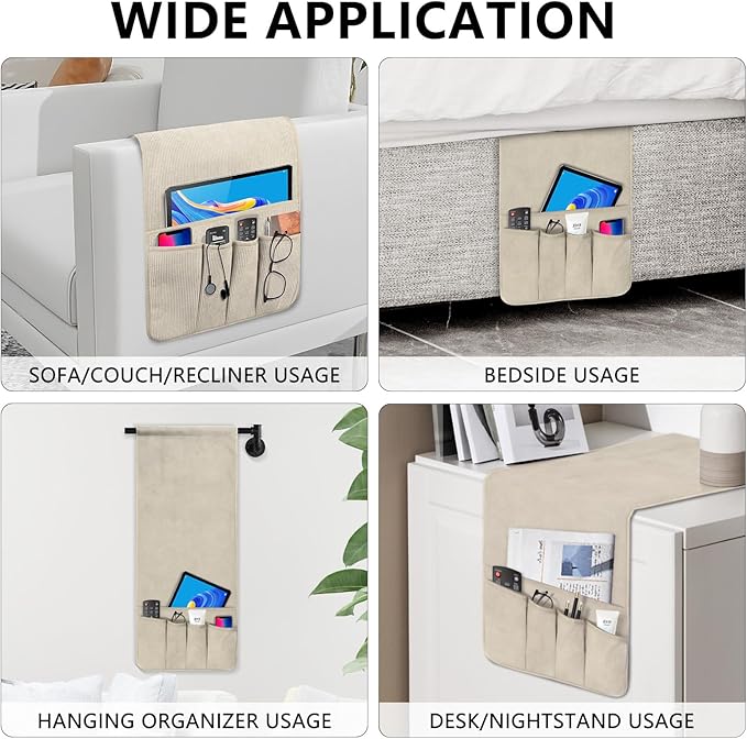 Couch Organizer Remote Control Holder Armchair Caddy, Anti Slip Corduroy Tv Remote Holder Couch Caddy with 5 Pockets for Storage Couch Accessories Bedside Organizer Senior Citizen Gifts