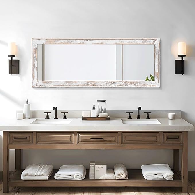 AAZZKANG Wall Mirror Full Length with Wood Frame 43"x14" Rustic Large Full Body Mirrors Decorative for Bedroom Living Room Bathroom Entryway Hanging Rectangular White