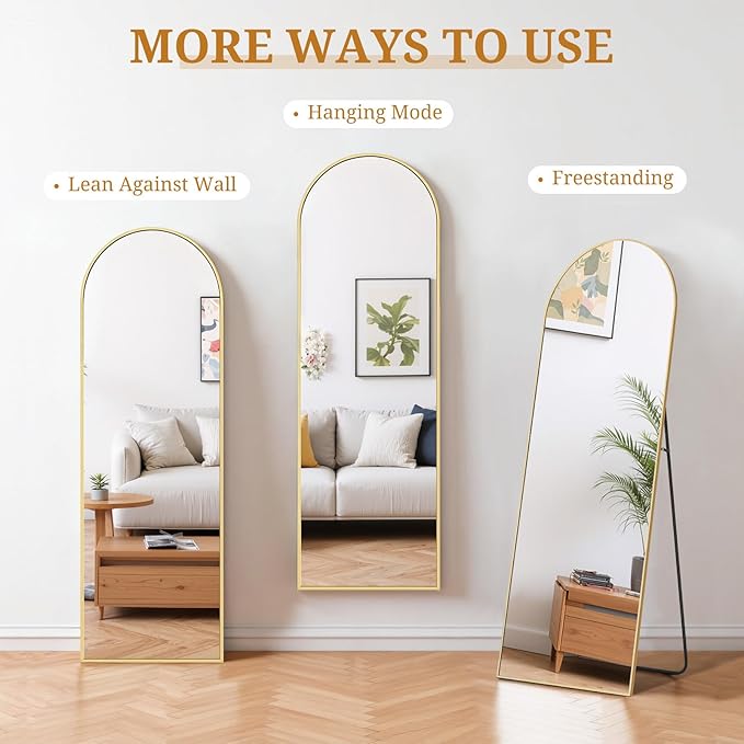 Full Length Mirror 56"x15" Full Body Mirror Arched Free Standing Wall Mounted Leaning Floor Mirrors with Stand Aluminum Alloy Frame for Bedroom Cloakroom, Gold