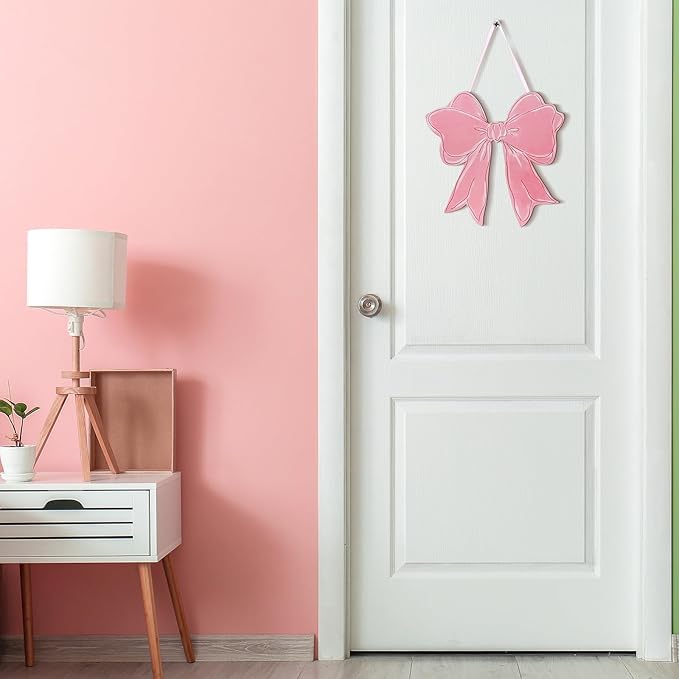 RattanView Pink Bow Wooden Hanging Sign Coquette Bow Wall Hanging Hanger Cute Preppy Wall Art Bowknot Welcome Door Sign Girly Decor for Girls Room College Dorm Apartment Indoor Outdoor Porch