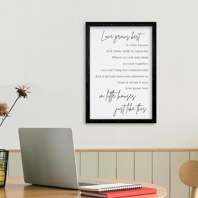 comurdyo Love Grows Best In Iittle Houses Wall Decor 16"×11" Inspirational Love Quote Sign Family Wood Framed Wall Hanging Art (Black)