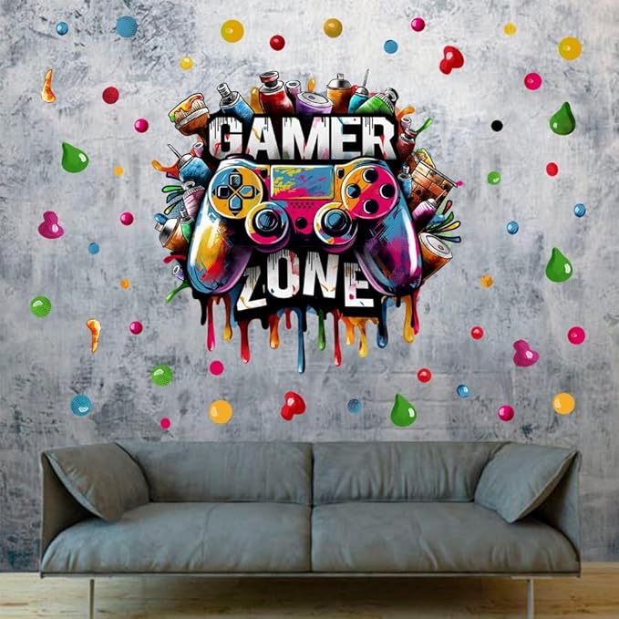 Large 3D Graffiti Gamer Zone Wall Decals (26.8”x26.4”), Watercolor Video Gaming Vinyl Wall Stickers for Game Lover, Removable Video Game Artwork for Boys Playroom Bedroom Decor