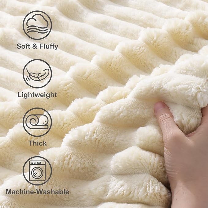 decorUhome Soft Fleece Beige Blanket Queen Size for Bed, Cozy Fluffy Plush Flannel Large Striped Throws for Couch Sofa, Lightweight Decorative Fuzzy Blanket for Woman, 90x90 Inches