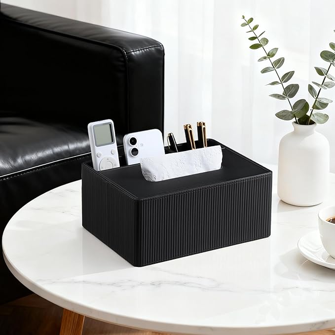 Tissue Box Cover Rectangle with 2 Compartments Remote Holder, PU Leather Tissue Box Holder Rectangle for Livingroom NightStand, Tissue Holder for 120(3-Ply)/160(2-Ply) Tissue Box (Black)