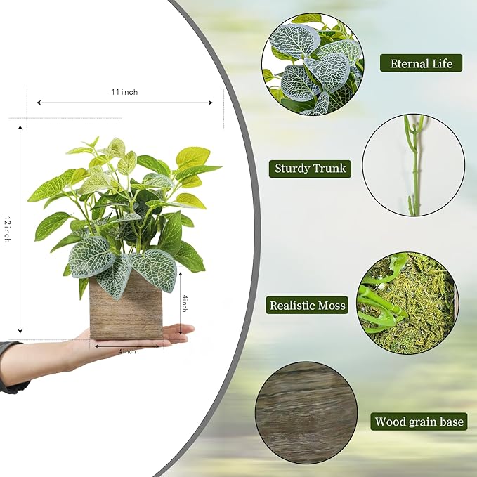 2 Pack Medium Fake Plants with 4 Inch Wooden Planters, 12" Tall Indoor Artificial Plants for Shelves, Desktop, Bedroom, Office Decor