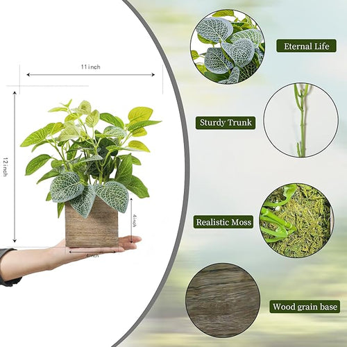 2 Pack Medium Fake Plants with 4 Inch Wooden Planters, 12" Tall Indoor Artificial Plants for Shelves, Desktop, Bedroom, Office Decor